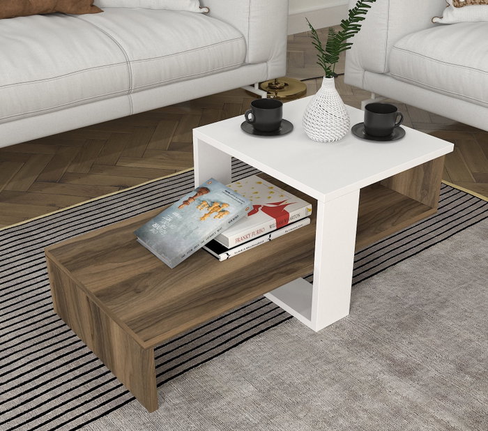 Hanah Home Mesa de Centro Escandinava Blanca y Nogal con Almacenamiento 80x43.6x32.6 cm
